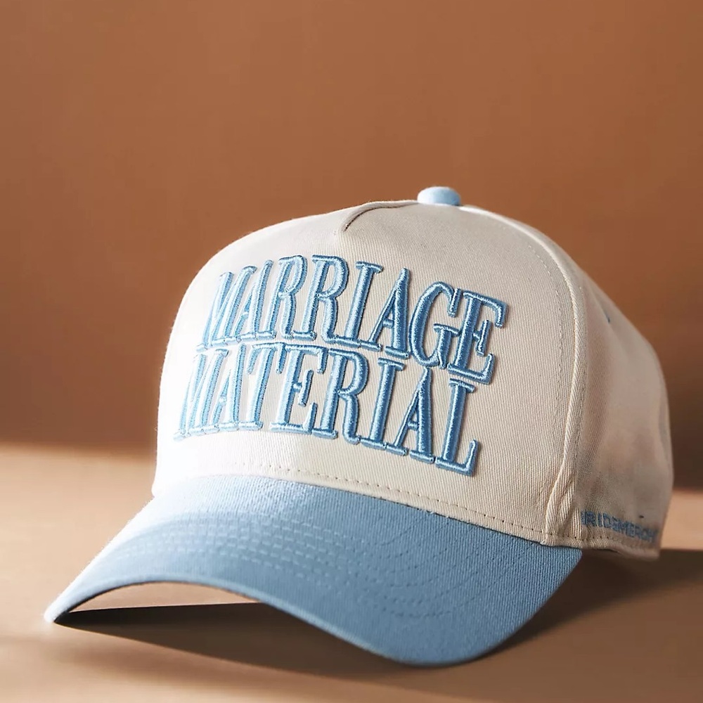 Bridemerch Cream and Blue 'Marriage Material' Trucker Hat Bridal Bachelorette